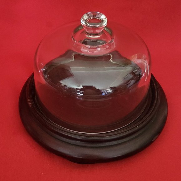 Glass Dome and Wooden Cheese Platter Butter Dish - Picture 3 of 11